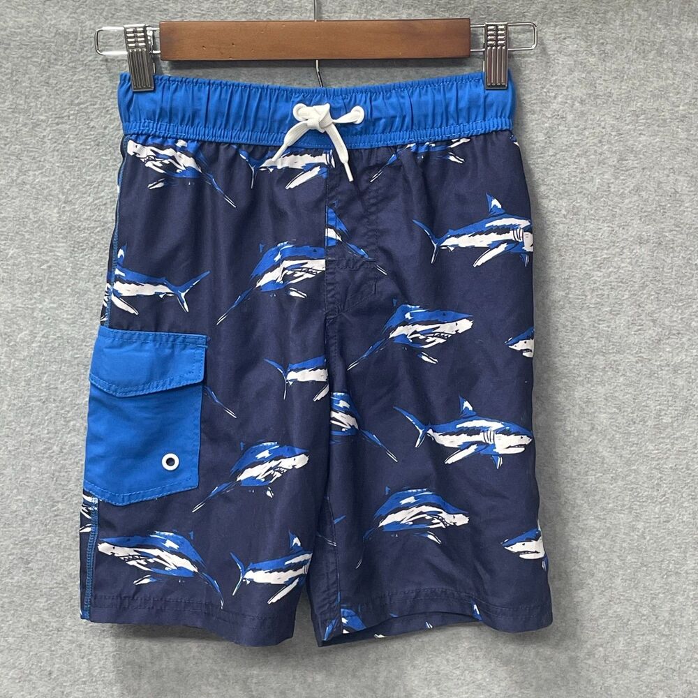 Boys Shark Swim Trunks M 8-10 Blue Kids Bathing Suit Shorts